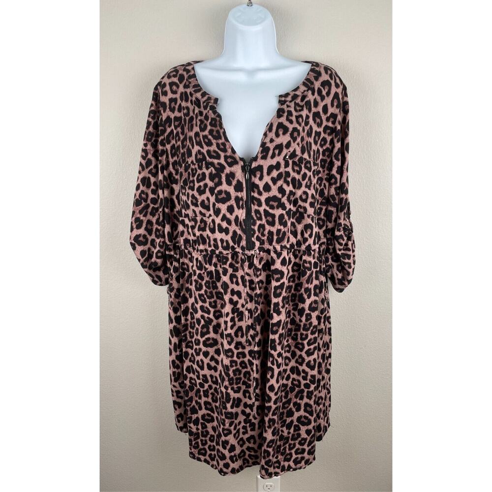 Torrid Dress Womens Size 2X 2 Brown 3/4 Sleeve Leopard Zipper Front Boho Career